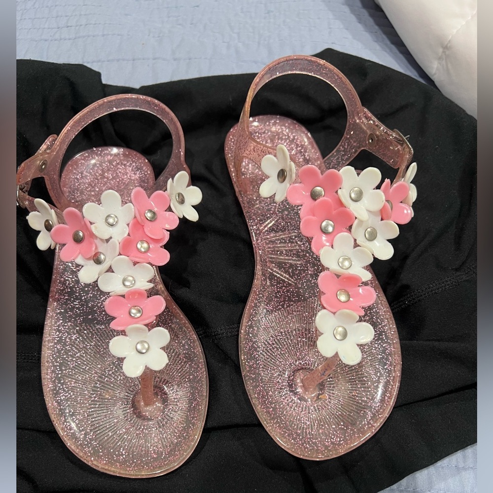 Pink Glitter Sandals with Floral Accents